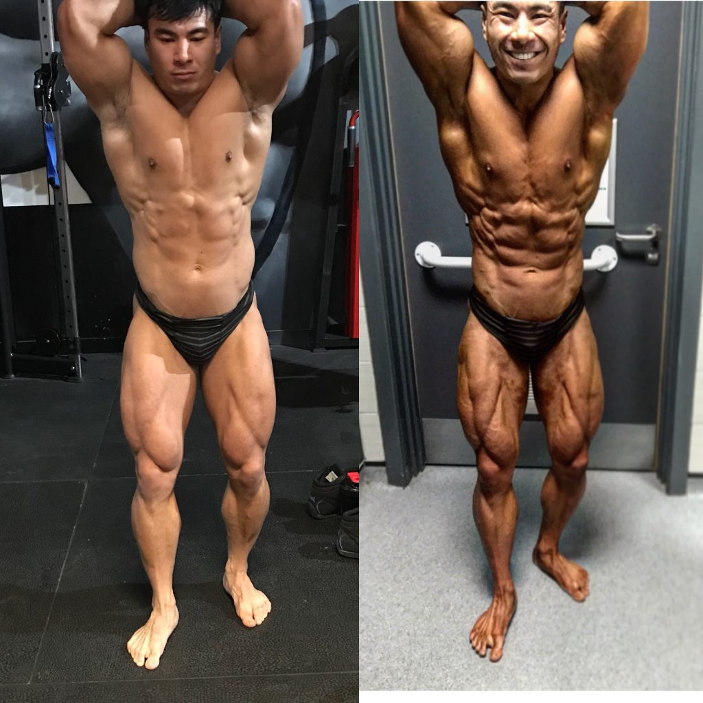 Man with before and after bodybuilding pictures