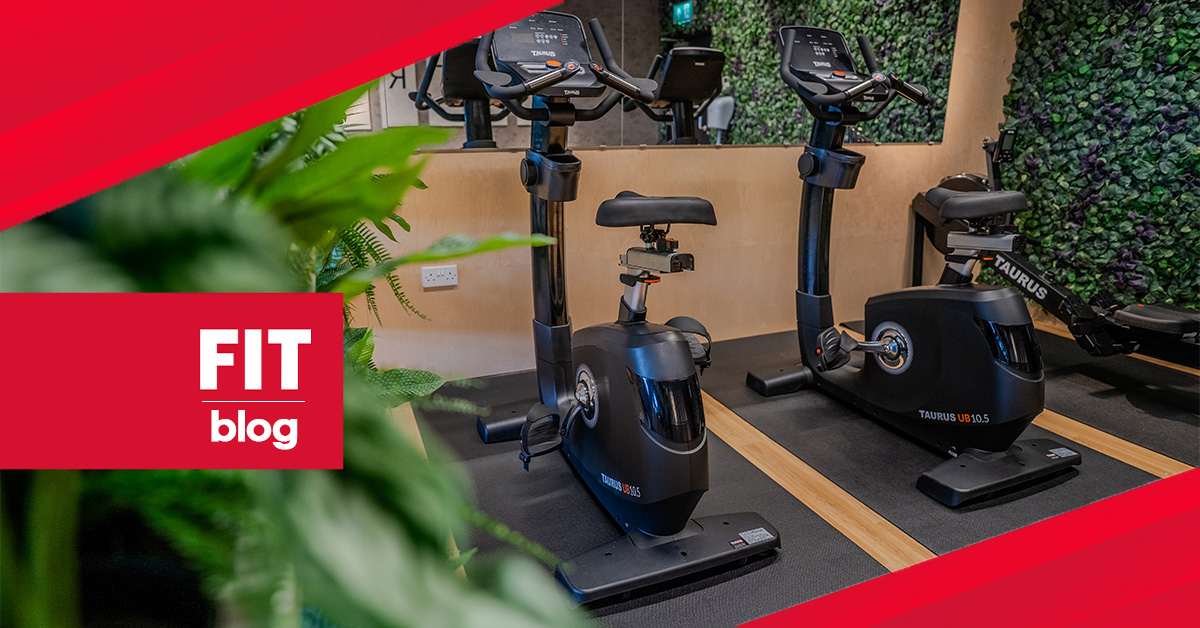 Workplace fitness concept banner with office gym equipment